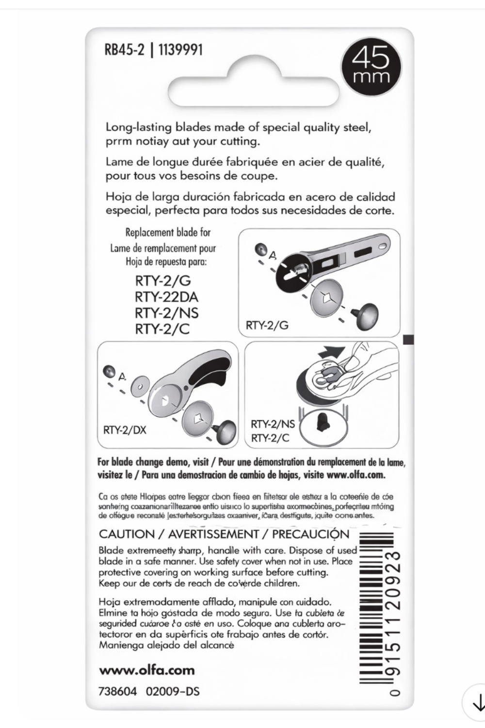 Back of a packaging for replacement blades with text and illustrations on a white background