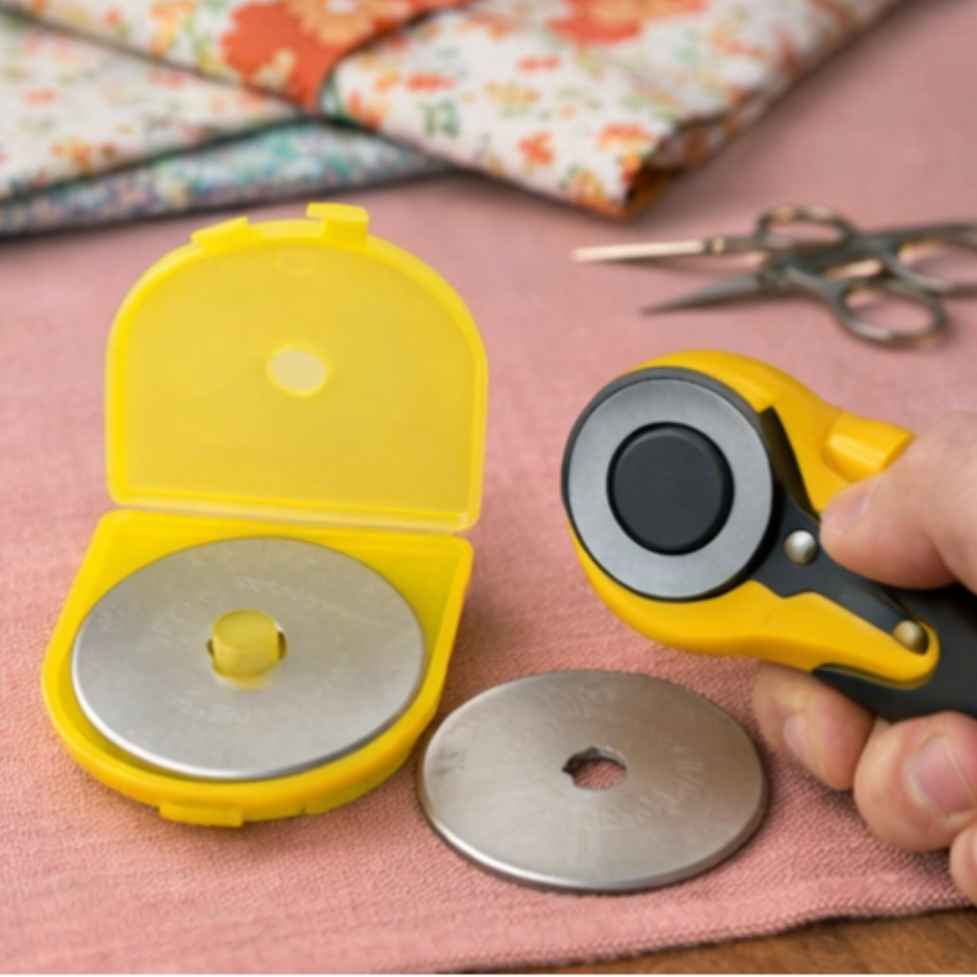 Changing an OLFA 45mm rotary cutter blade with cutter and replacement blade on fabric cutting surface