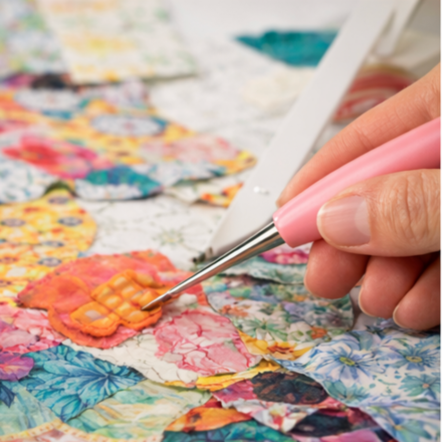 Laura Heine Stiletto placing detailed collage fabric shapes in colorful quilt appliqué project.