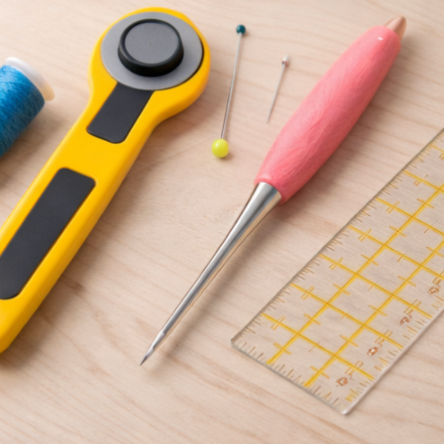 Laura Heine Stiletto with rotary cutter, quilting ruler, pins, and thread on sewing workspace flat lay.