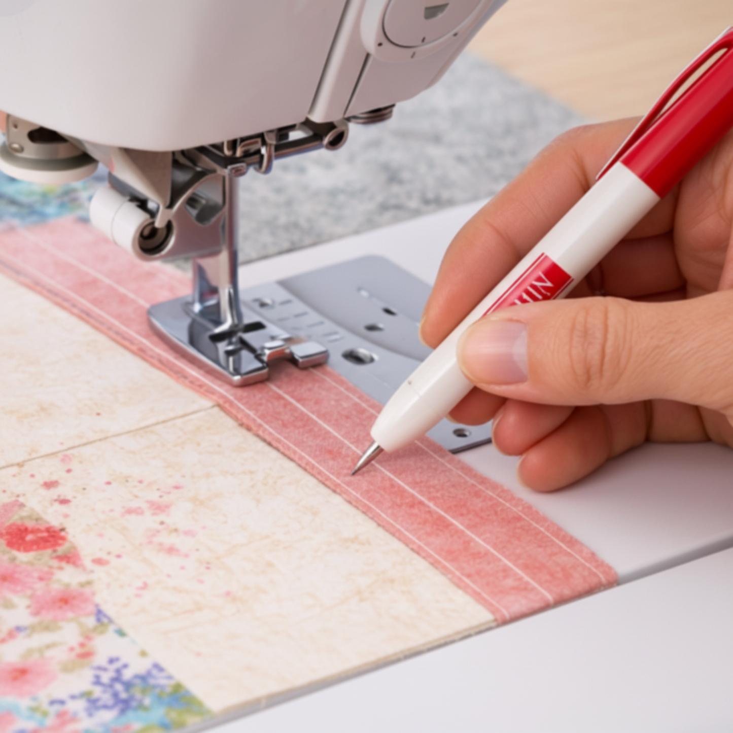 Quilter marking seam allowance lines beside sewing machine using Bohin 0.9mm fabric marking pencil.