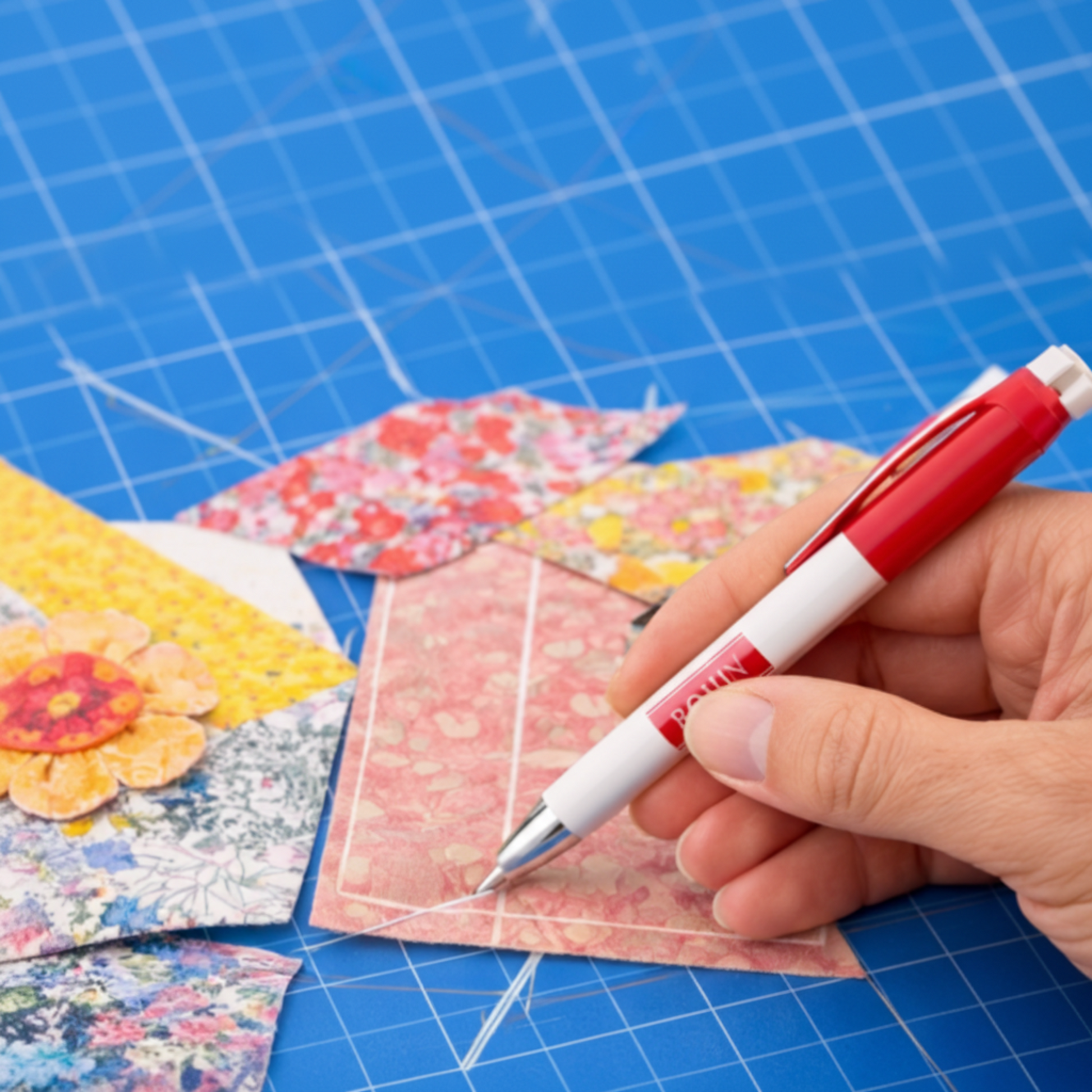 Marking quilt block seam lines on cotton fabric pieces using Bohin white mechanical sewing pencil.