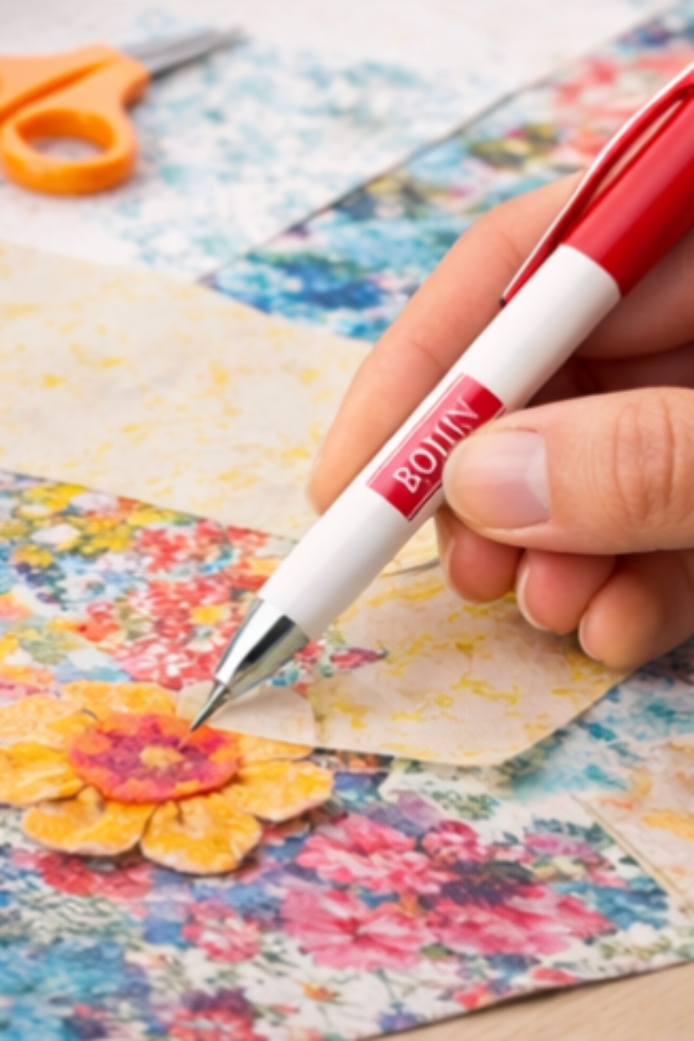 Bohin fabric marking pencil tracing appliqué shapes on floral quilting fabric for collage quilting.