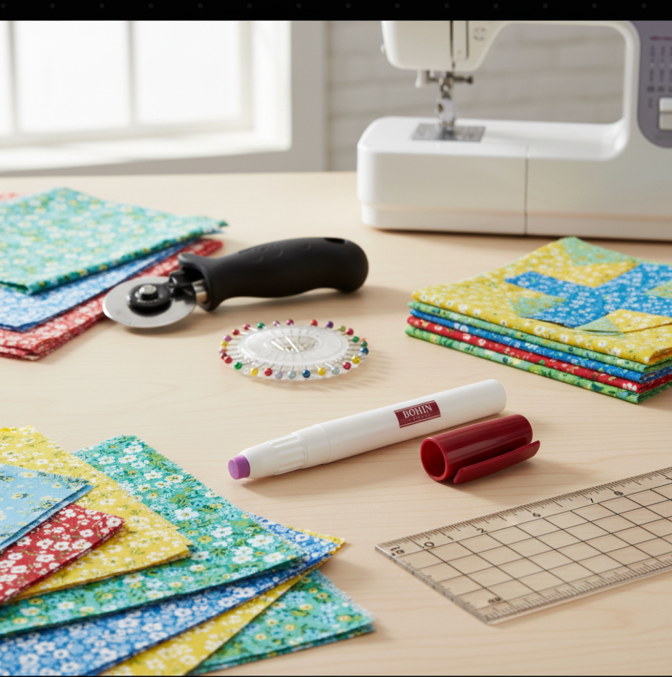 Bohin Temporary Glue Stick for Fabrics on quilting workspace with rotary cutter, pins and fabric squares