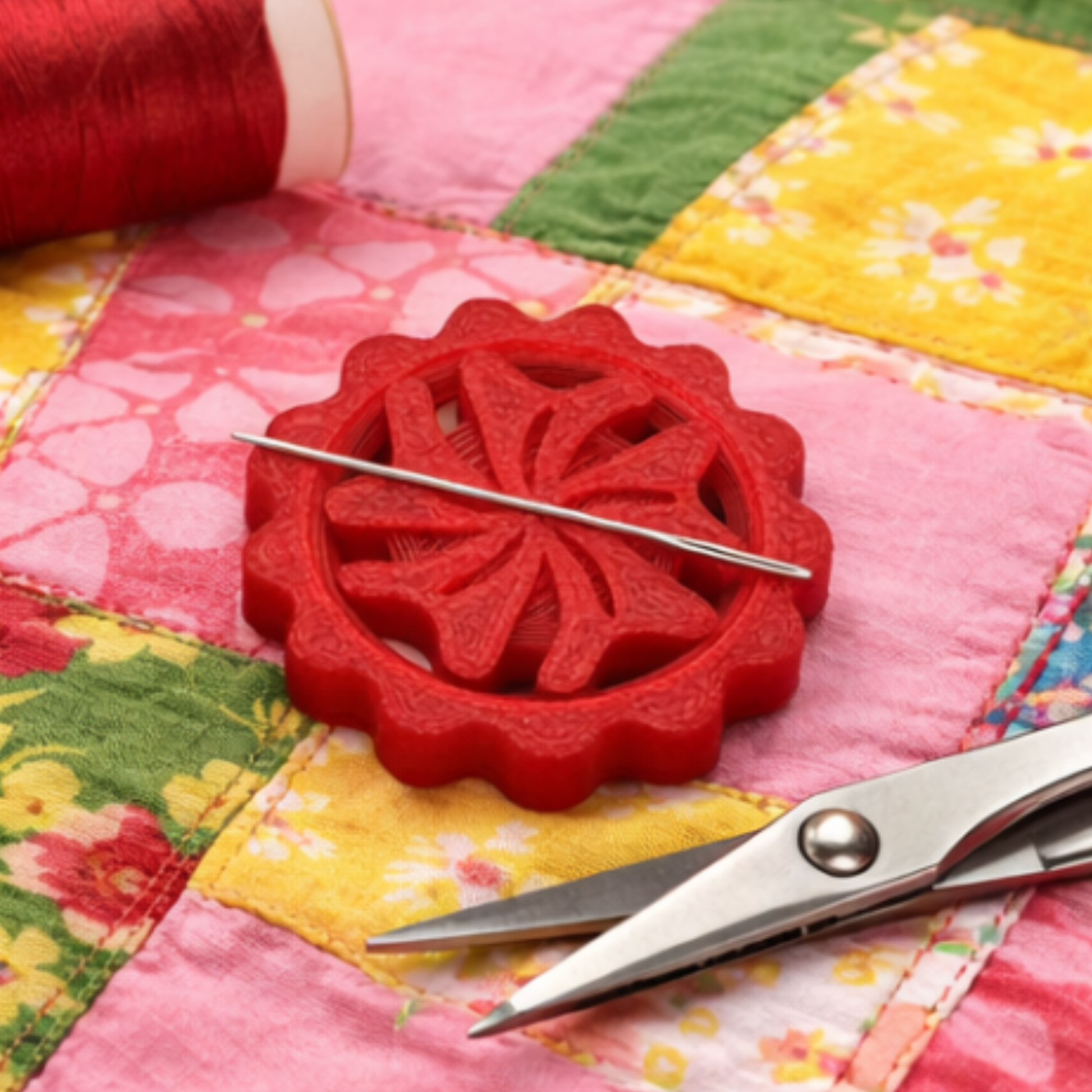 Red ruby needle minder on patchwork quilt with thread spool and scissors, quilting sewing accessory