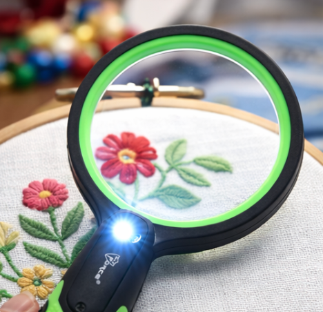 Bright LED magnifier over embroidery hoop showing stitches clearly for needlework