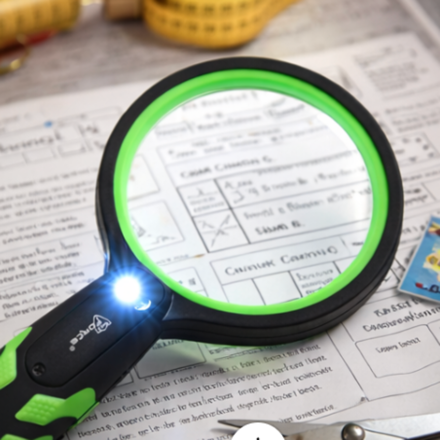 Lighted magnifying glass used to read sewing pattern instructions and fine print