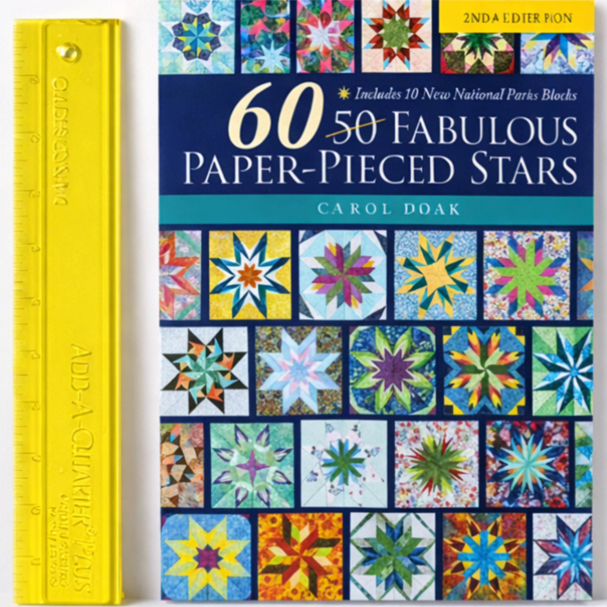 Add-A-Quarter Plus ruler displayed next to Carol Doak paper-pieced stars quilting book pattern reference