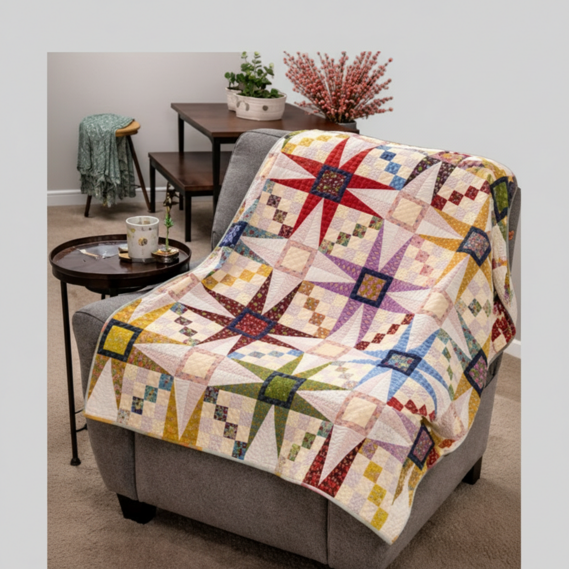 Quilt on chair – Solarium star quilt draped on armchair – colorful patchwork star quilt home decor