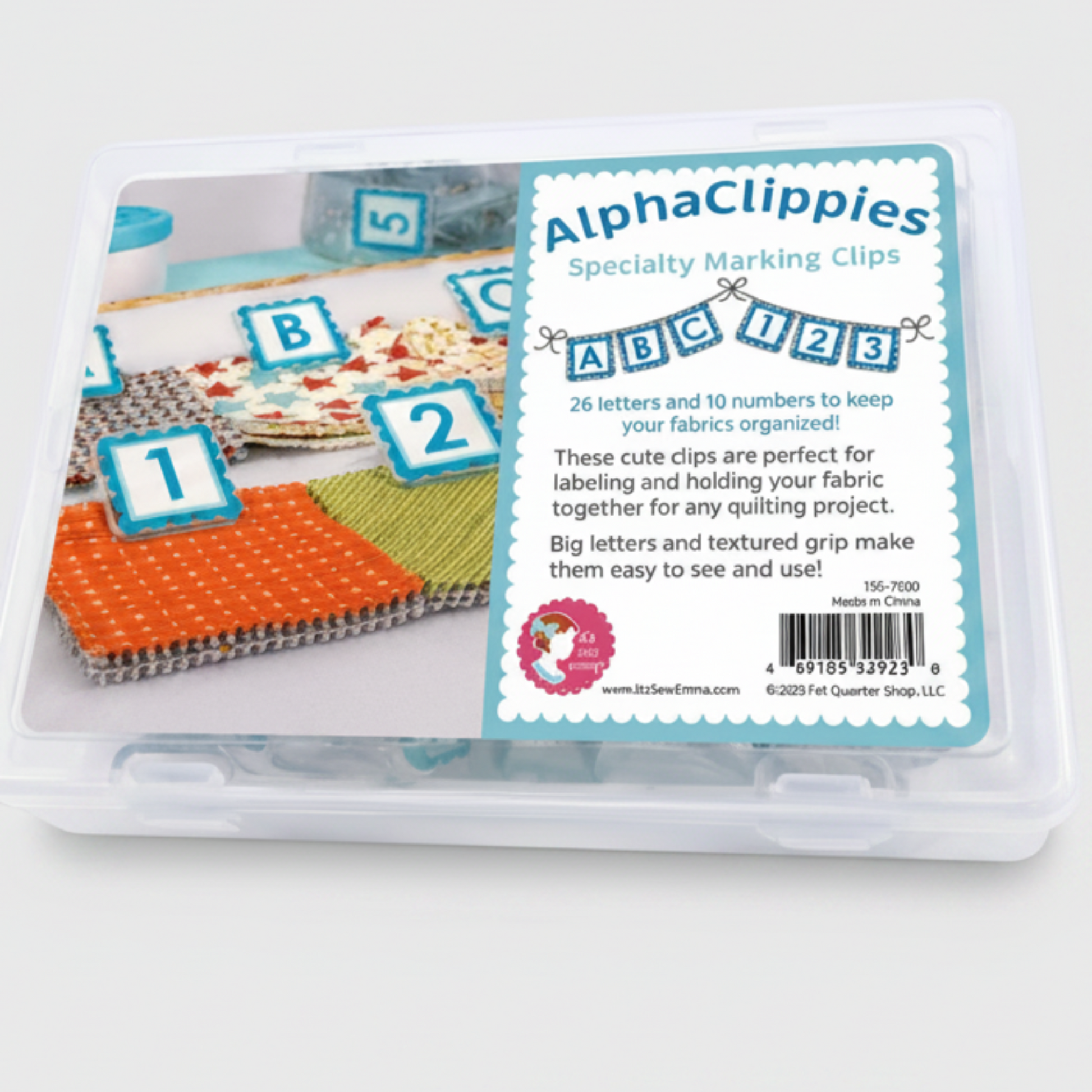AlphaClippies specialty marking clips storage case closed with quilting fabric samples and alphabet number labels