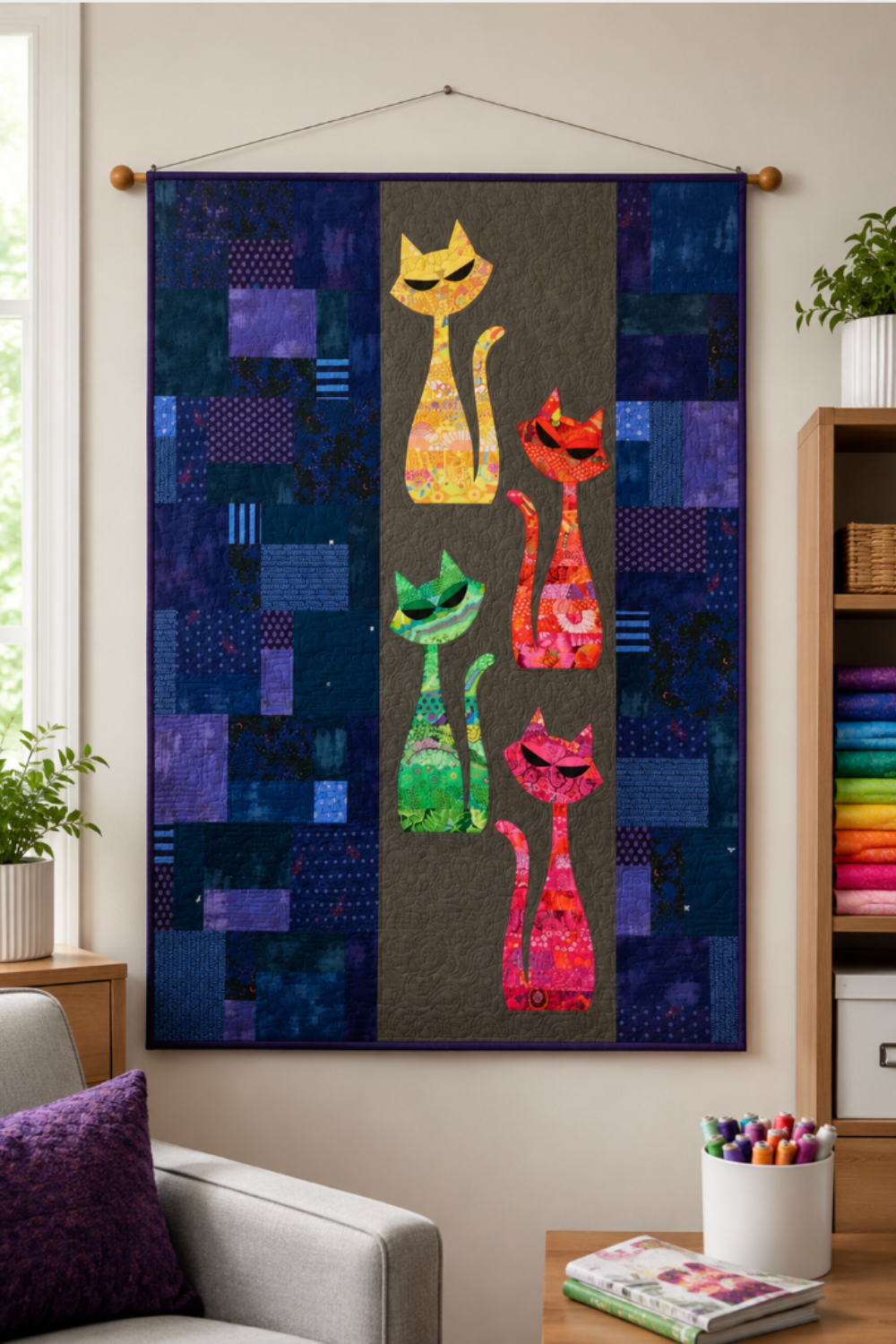 Modern ModCat applique quilt wall hanging displayed in craft room with vibrant cat designs and colorful quilting fabrics