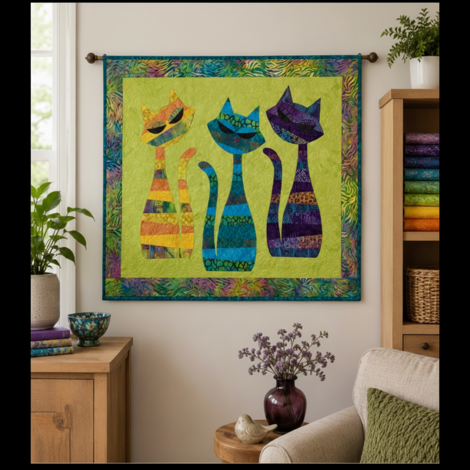 ModCat quilt wall hanging displayed in cozy sewing room with colorful cat applique design and quilting décor