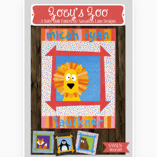 Zoey’s Zoo quilt pattern cover with colorful lion applique baby quilt and animal-themed quilt blocks by Sassafras Lane Designs