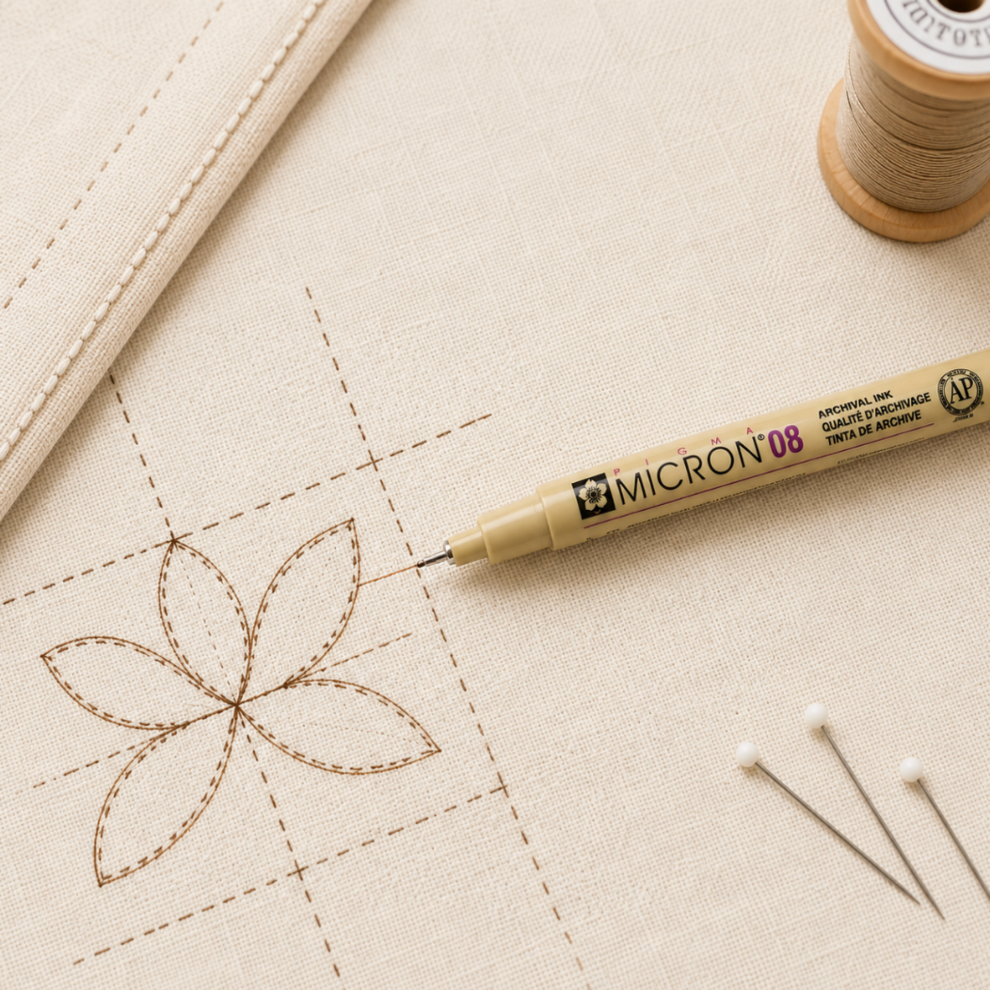 Pigma Micron 08 fabric marking pen with brown ink shown on cream fabric, measuring tape, thread spool, and fine brown quilting marks for sewing and quilting projects.
