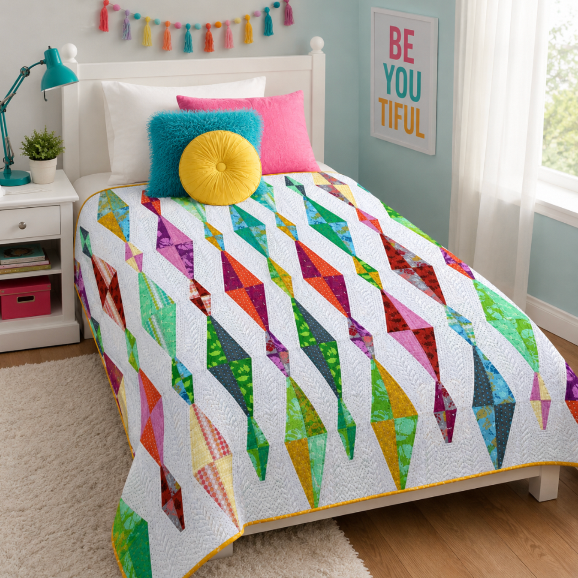 Colorful Diamond Daze handmade quilt draped on a teen girl's bed in a bright bedroom with white furniture, colorful pillows, and modern décor.