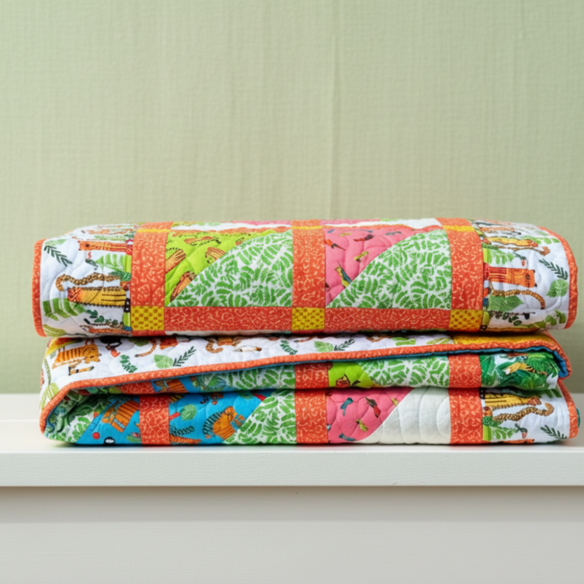 Folded handmade In the Jungle quilt showing colorful animal and tropical prints, coral sashing, and quilted texture.