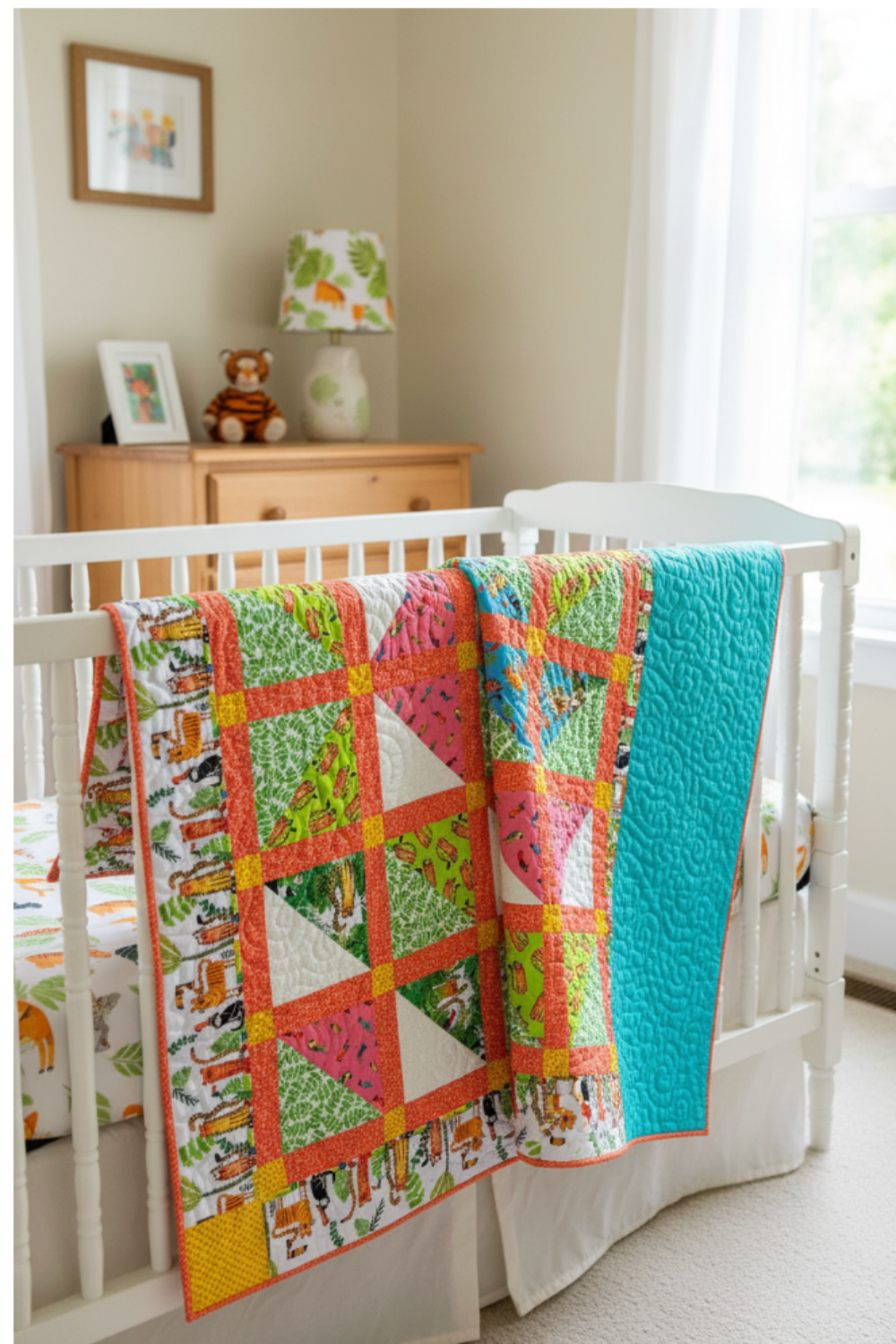 Handmade In the Jungle quilt draped over a white crib in a bright nursery, showing colorful jungle animal prints and turquoise backing.