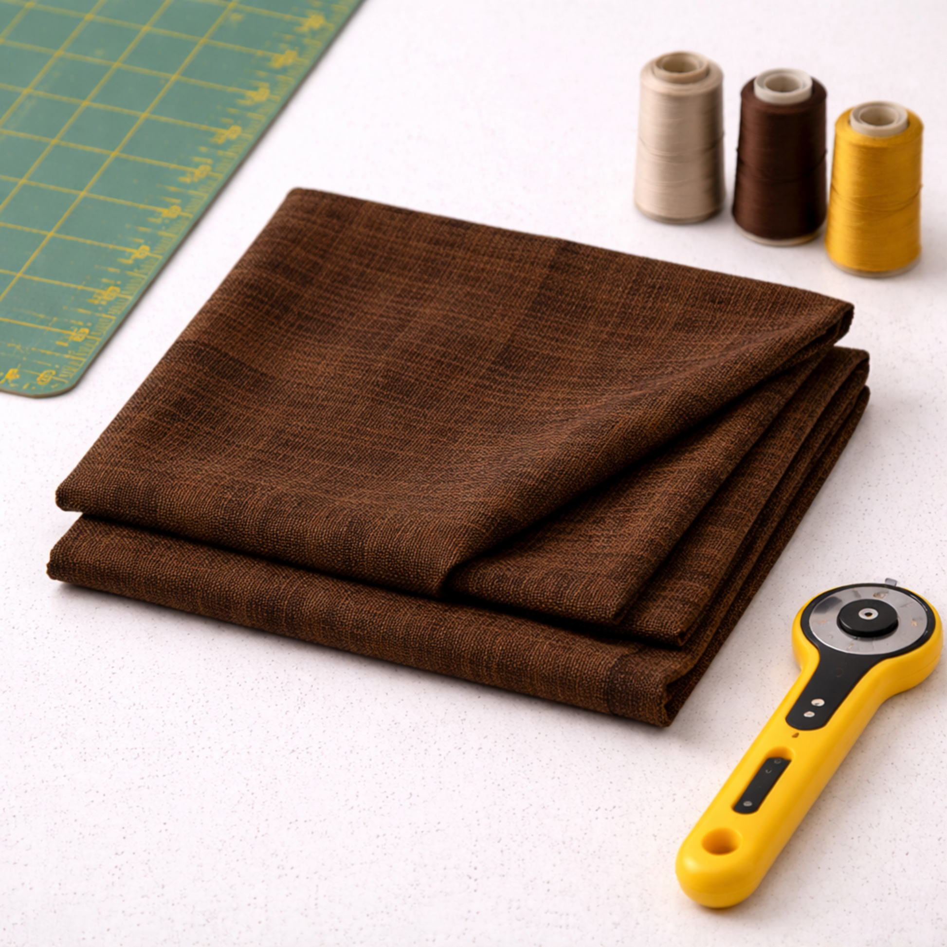 Interwoven Brown by Jason Yenter – lifestyle shot with folded fabric, spools of thread, rotary cutter and cutting mat, clean minimal setting