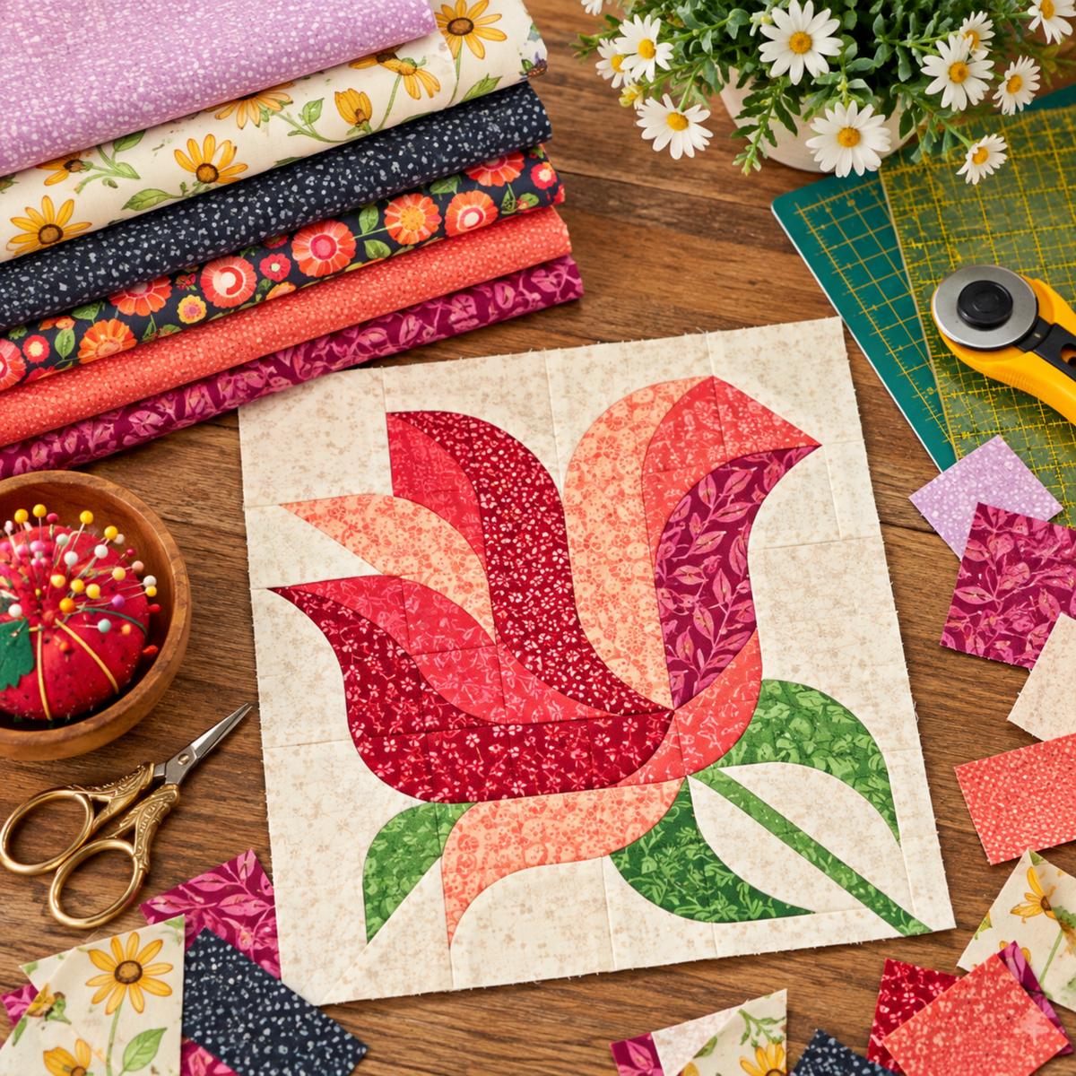 Colorful Superbloom fabrics styled with a Rose Garden quilt block inspired by the Sew Kind of Wonderful pattern on a sewing table with quilting notions.