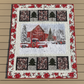 Handmade Tree Farm lap and throw quilt featuring a snowy red barn, vintage truck, evergreens, and festive poinsettia border.