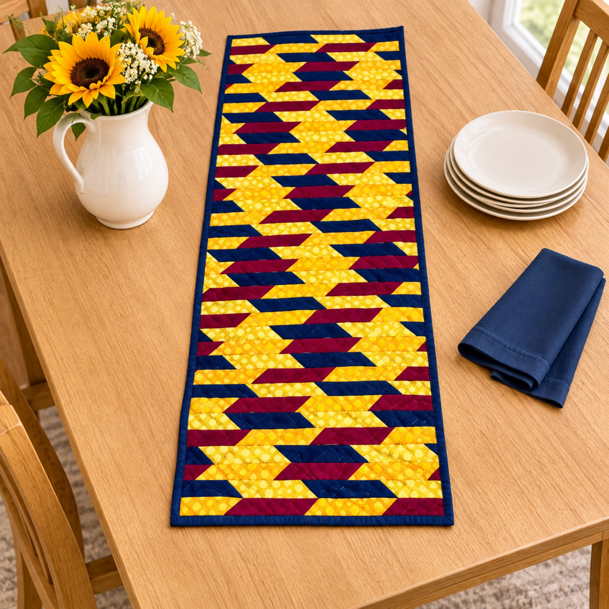Golden Weave quilted table runner on a wood dining table beside a white pitcher of sunflowers, stacked cream plates and a folded navy napkin.