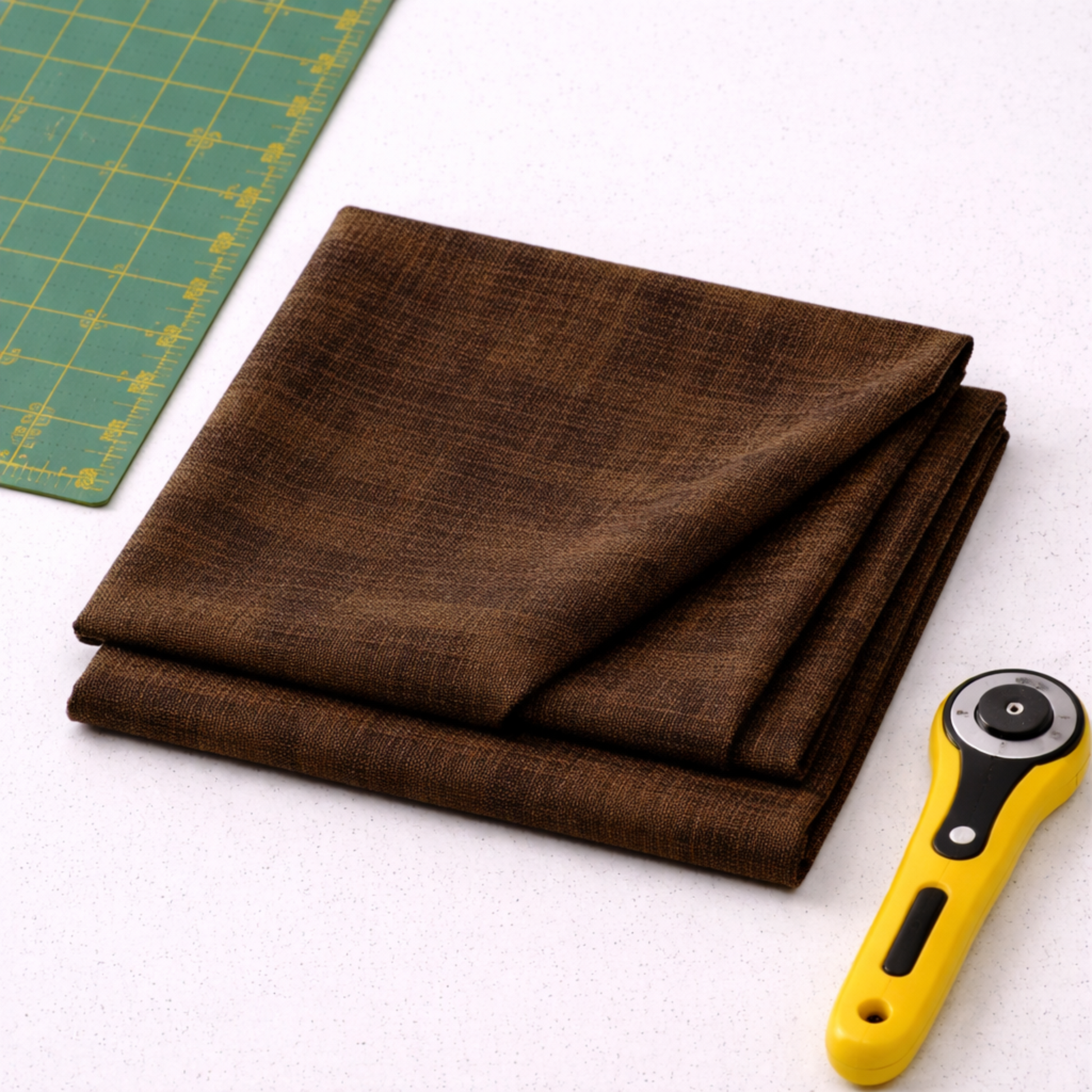 Interwoven Bark by Jason Yenter – lifestyle shot, fabric partially folded with rotary cutter, corner of cutting mat visible, light grey base