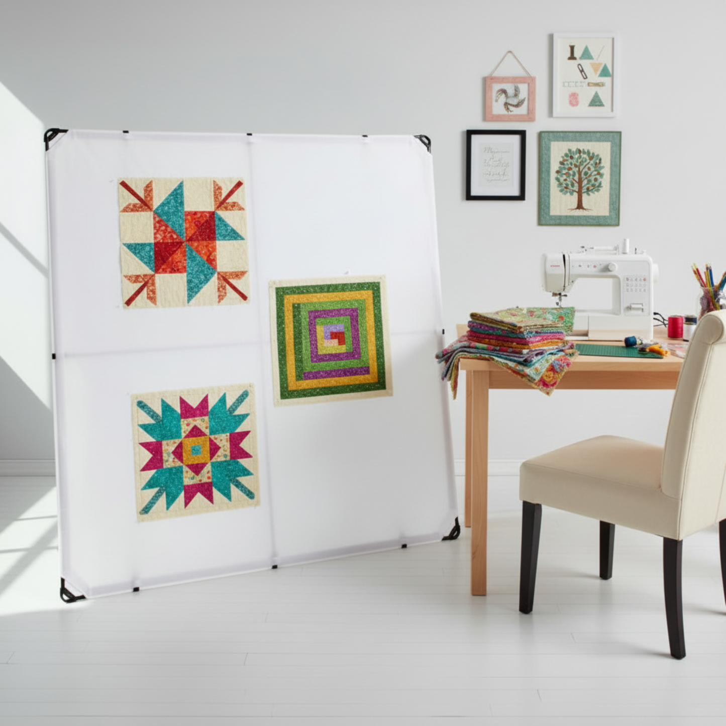 White flannel design wall holding quilt blocks for layout planning