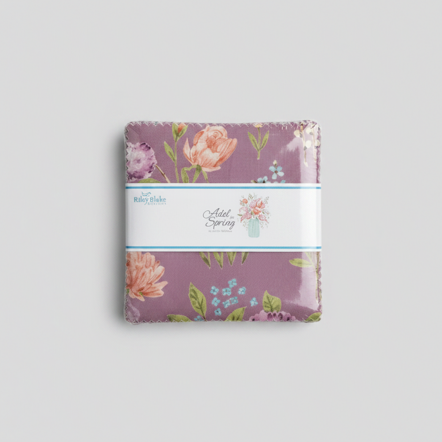Adel in Spring Charm Pack by Sandy Gervais for Riley Blake Designs – factory-sealed 42-piece 5" x 5" cotton charm squares in lavender with pink roses and floral garden prints