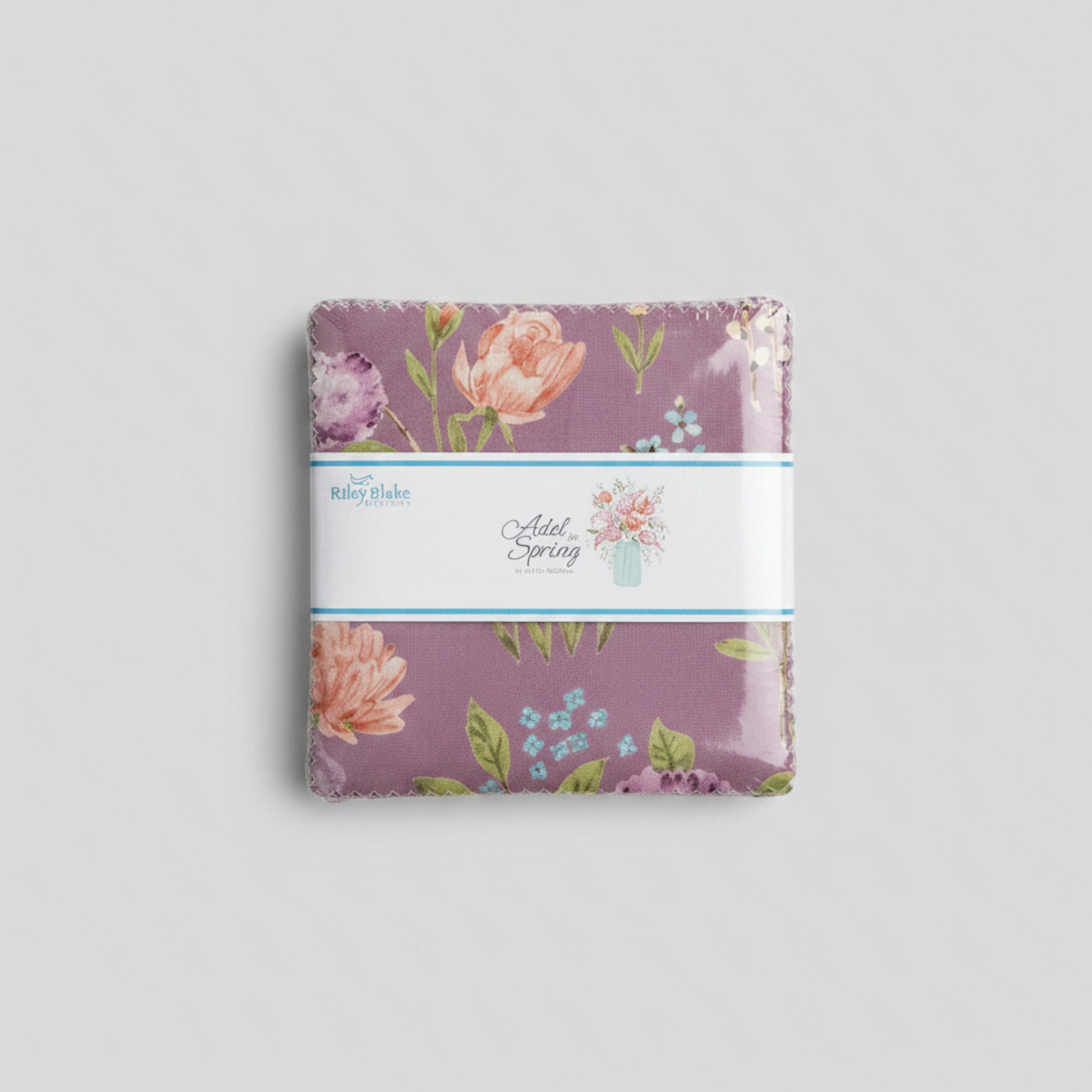Adel in Spring Charm Pack by Sandy Gervais for Riley Blake Designs – factory-sealed 42-piece 5" x 5" cotton charm squares in lavender with pink roses and floral garden prints