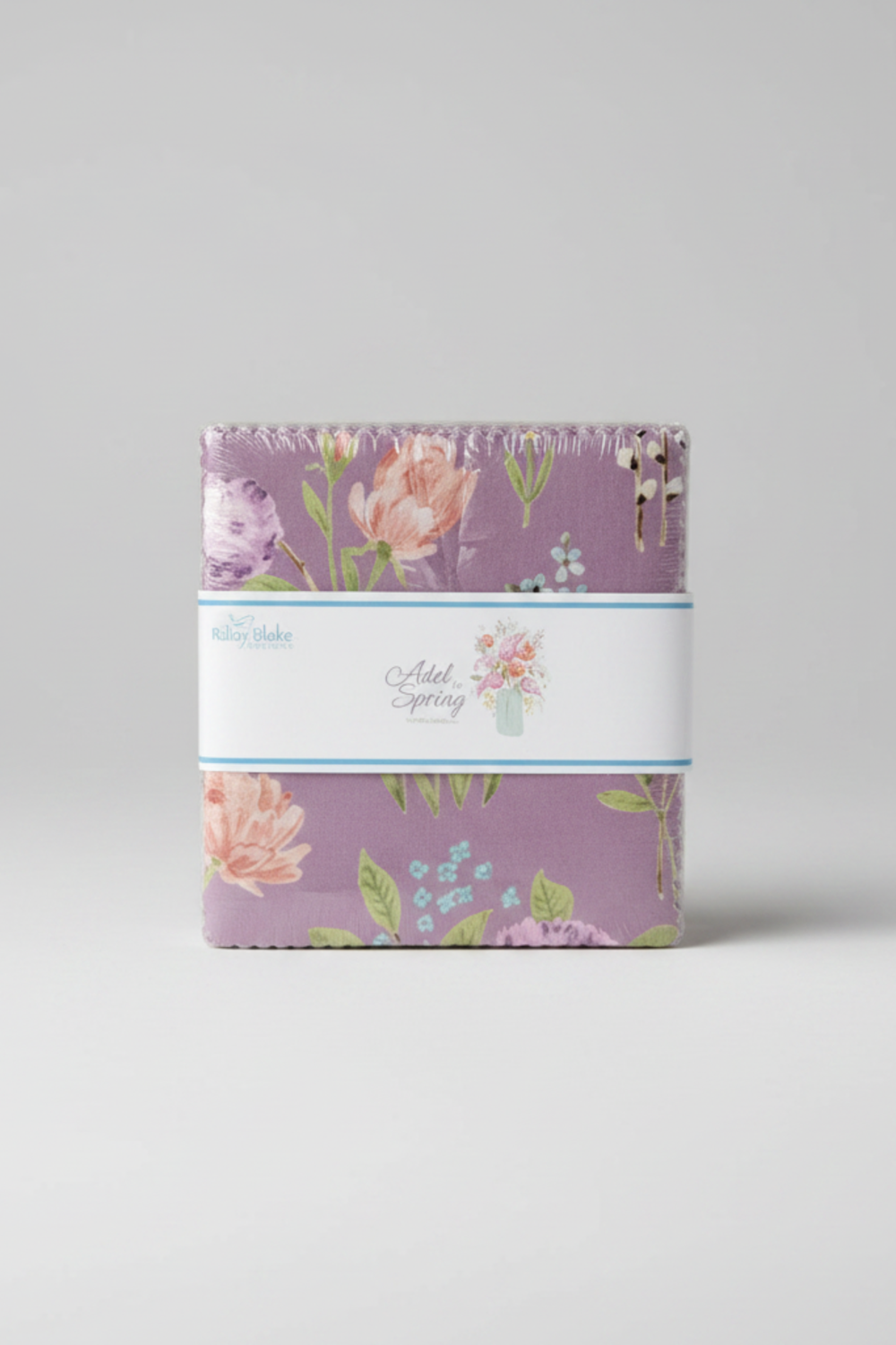 Adel in Spring Charm Pack by Sandy Gervais for Riley Blake Designs – side view of factory-sealed 42-piece 5" x 5" lavender floral cotton charm squares