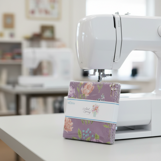 Adel in Spring Charm Pack by Sandy Gervais for Riley Blake Designs – 42-piece 5" x 5" cotton charm squares leaning against a white sewing machine in a bright quilting room