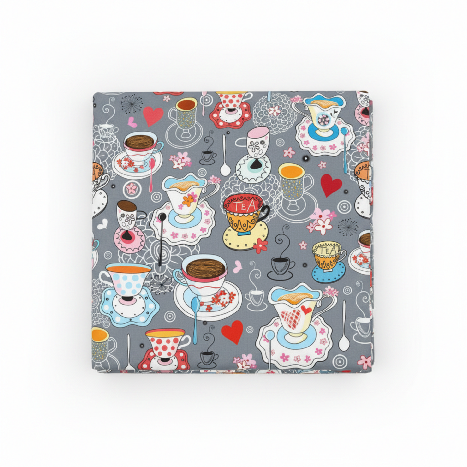 Alice Multi Teacups quilting cotton fabric folded to show whimsical allover scatter print with teacups, saucers, spoons, red hearts, and pink flowers on soft grey – Mad Hatter tea party design by Jason Yenter for In The Beginning Fabrics, 100% cotton, 3 yard cut