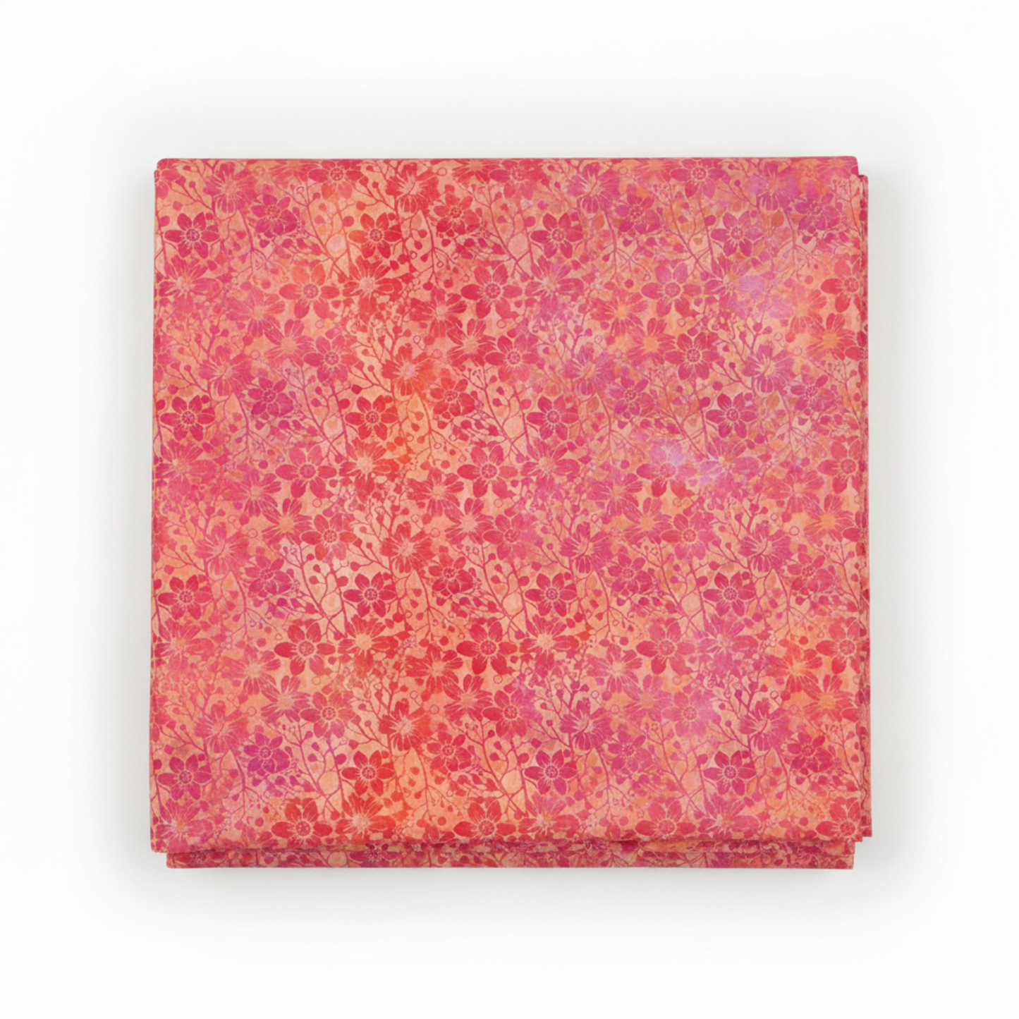 Allure Orange Shadow Flowers quilting cotton fabric folded to show allover tonal shadow floral – silhouetted daisies, stems, and berry sprigs in vibrant coral, orange, red, magenta, and pink watercolor wash by Jason Yenter for In The Beginning Fabrics, 100% cotton, 3 yard cut