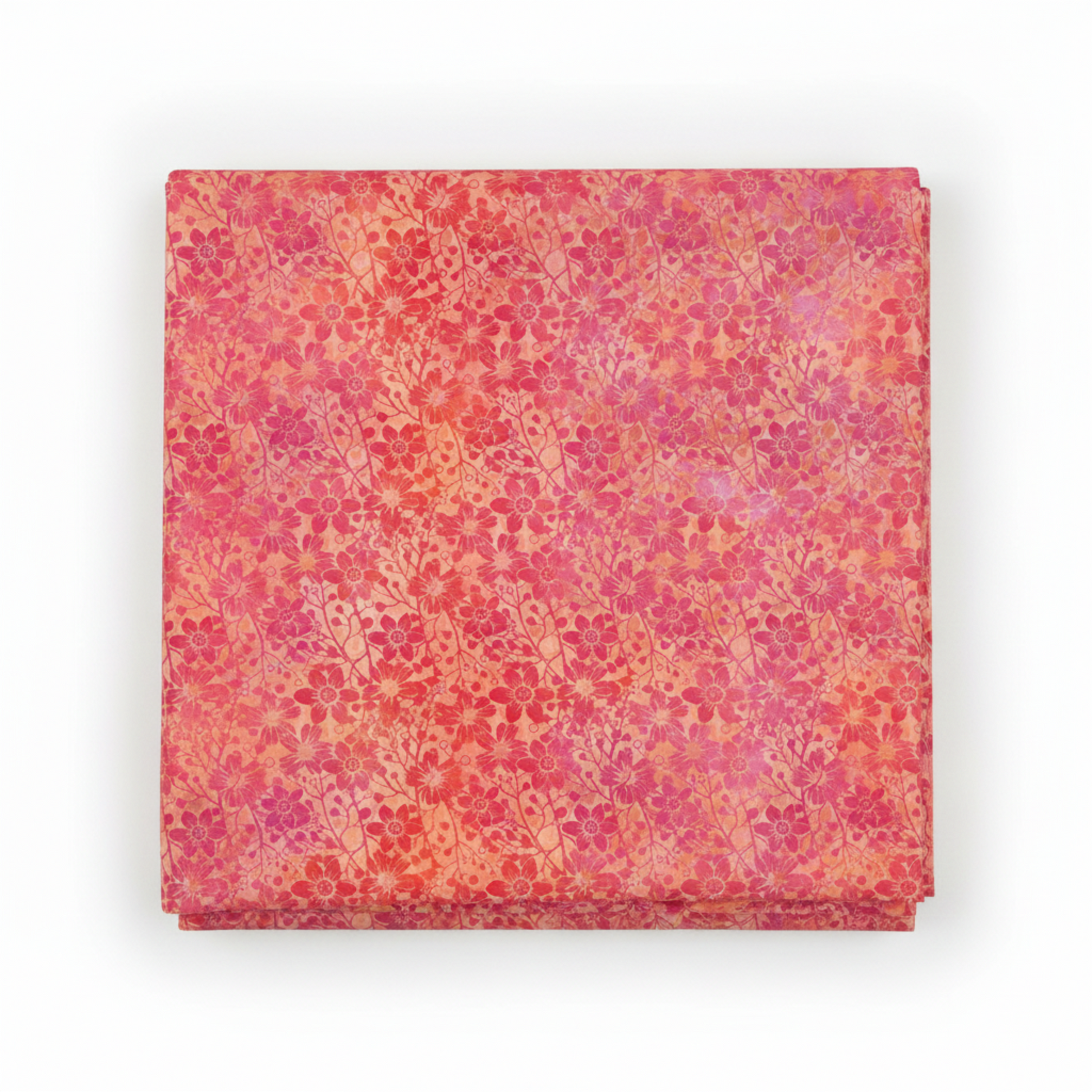 Allure Orange Shadow Flowers quilting cotton fabric folded to show allover tonal shadow floral – silhouetted daisies, stems, and berry sprigs in vibrant coral, orange, red, magenta, and pink watercolor wash by Jason Yenter for In The Beginning Fabrics, 100% cotton, 3 yard cut