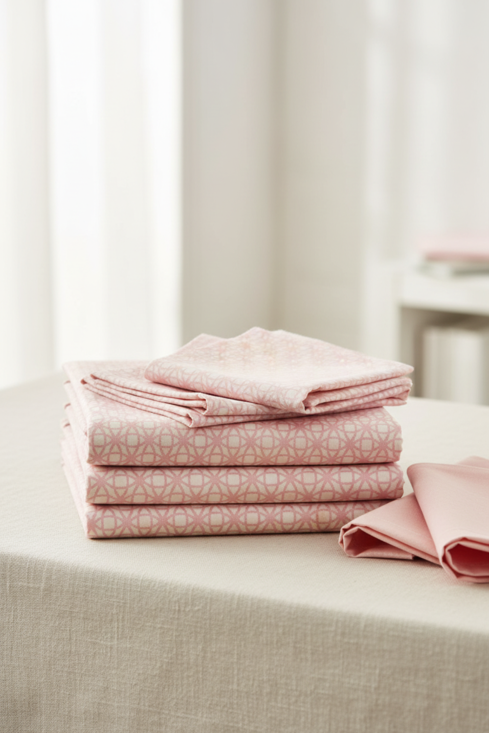 Allure Peach Lattice fabric by Jason Yenter for In The Beginning Fabrics folded on a light cream linen surface with coordinating soft pink and peach fabrics – soft tonal geometric lattice in blush pink, peach, and cream, perfect as a background or blender for feminine quilt projects, 100% cotton, 3 yard cut