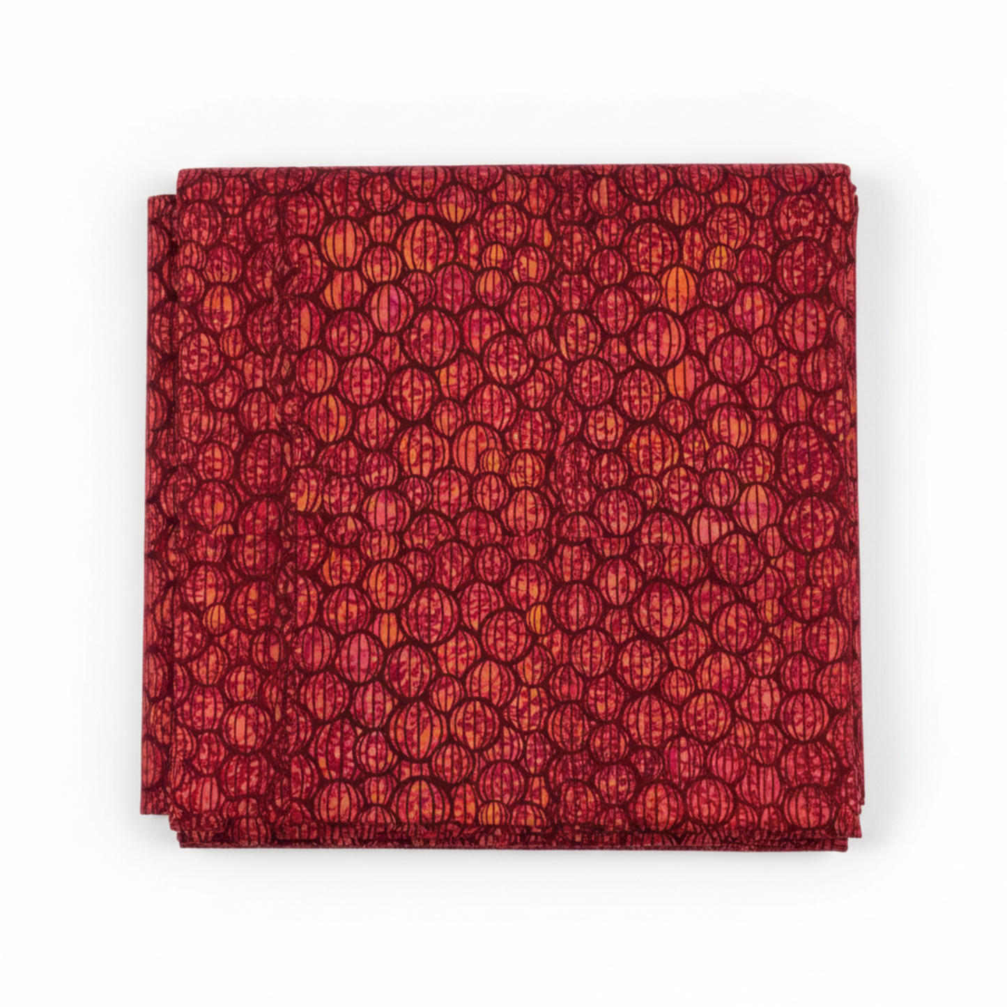 Allure Red Lanterns quilting cotton fabric folded to show allover striped oval lantern pattern – jewel-toned crimson, ruby, magenta, and orange lanterns with subtle botanical texture on deep burgundy ground by Jason Yenter for In The Beginning Fabrics, 100% cotton, 3 yard cut