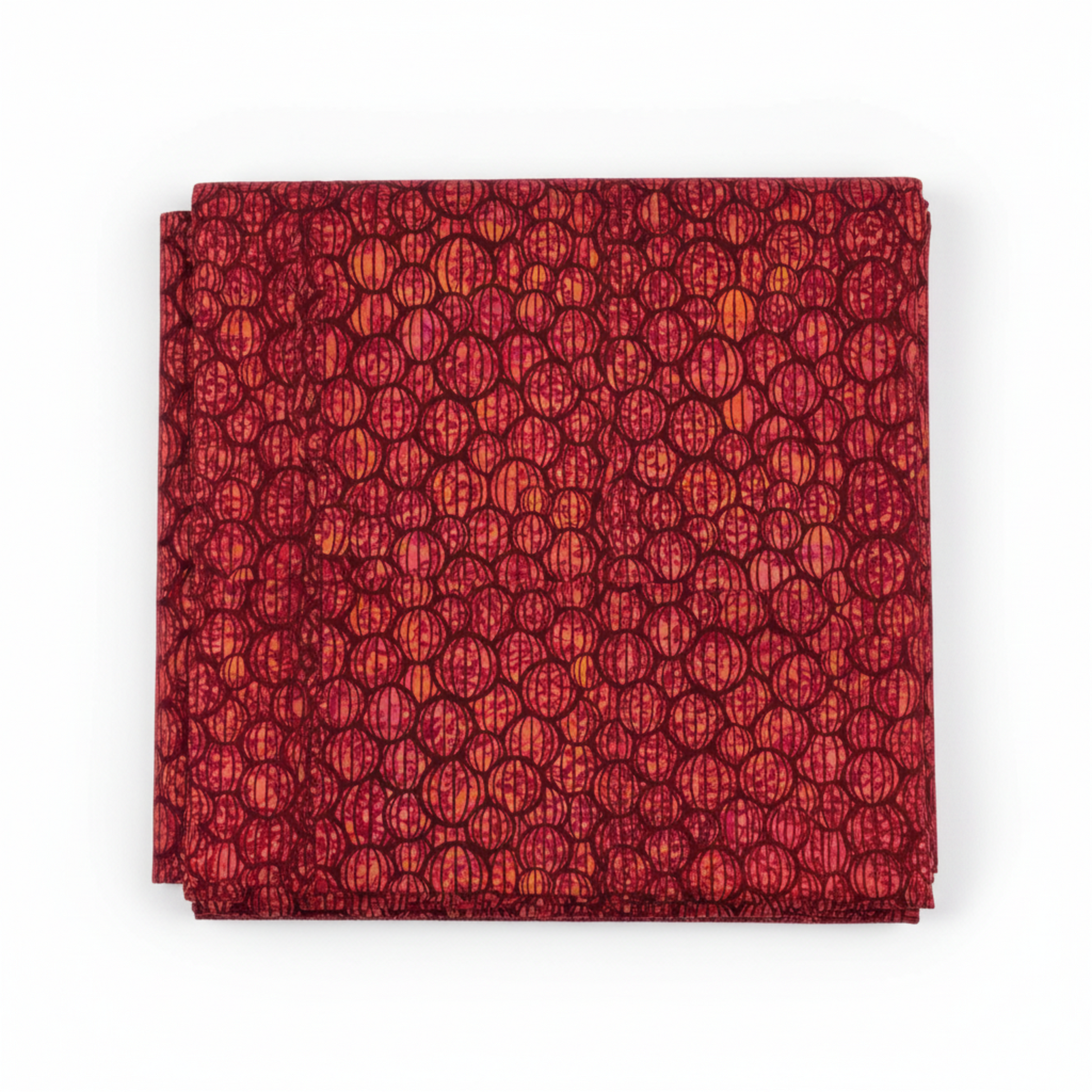 Allure Red Lanterns quilting cotton fabric folded to show allover striped oval lantern pattern – jewel-toned crimson, ruby, magenta, and orange lanterns with subtle botanical texture on deep burgundy ground by Jason Yenter for In The Beginning Fabrics, 100% cotton, 3 yard cut