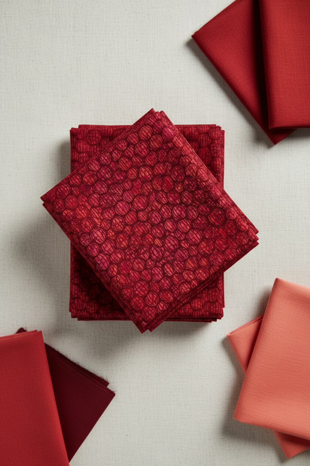 Allure Red Lanterns fabric by Jason Yenter for In The Beginning Fabrics stacked on a light linen surface with coordinating warm red and coral fabrics – allover striped oval lantern pattern in rich crimson, ruby, magenta, and orange, perfect for bold warm-toned quilt projects, 100% cotton, 3 yard cut