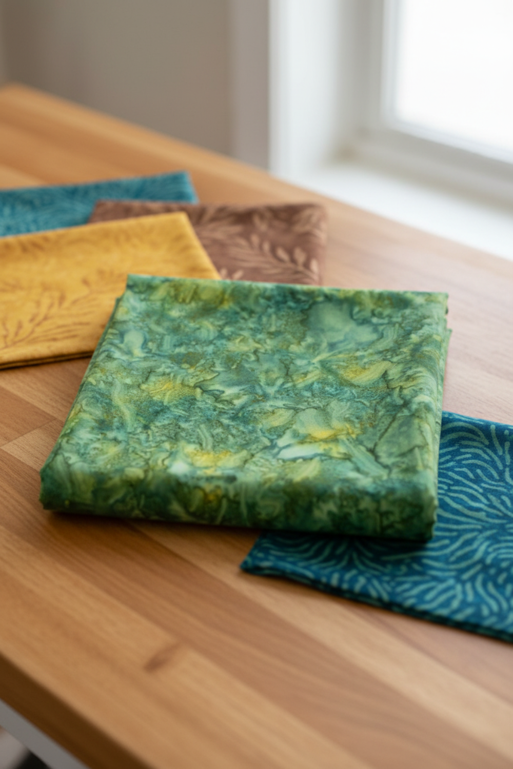 Expressions Batiks Hand-Dyes Amazon fabric by Riley Blake Designs folded on a warm wood surface with coordinating golden yellow, earthy brown, and deep teal batik swatches nearby – rich jungle green hand-dyed batik with golden-yellow undertones, perfect for nature-inspired and jewel-tone quilts, 100% cotton batik