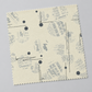 Angled swatch of Eggshell News Dropping fabric by Zen Chic for Moda Fabrics on a light gray background, with gray text fragments, charcoal dots, and dotted lines.