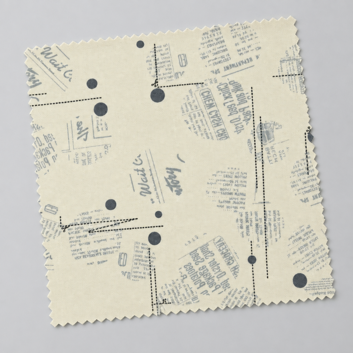 Angled swatch of Eggshell News Dropping fabric by Zen Chic for Moda Fabrics on a light gray background, with gray text fragments, charcoal dots, and dotted lines.
