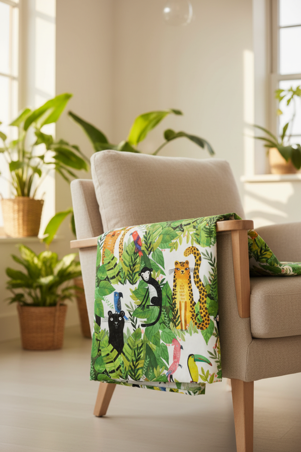 Safari Fun White/Multi quilting cotton draped over a natural linen armchair in a bright room with tropical plants — large-scale watercolor jungle animal print by Terry Runyan for Benartex | IraRobi Quilts