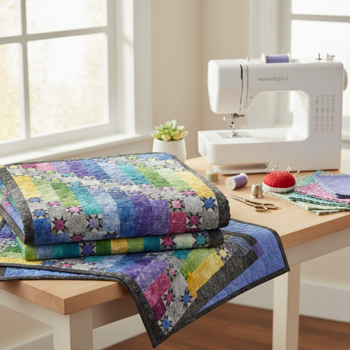 Interwoven Periwinkle Fabric by Jason Yenter for In The Beginning Fabrics featured in the Aurora Nights 2 Quilt Pattern by Bound to Be Quilting — finished quilt neatly folded on a wooden sewing table with a sewing machine, periwinkle thread spools, pin cushion, scissors, and a small succulent nearby. Quilt shown for inspiration. Coordinating fabrics and quilt patterns are available at IraRobi Quilts.