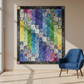 Aurora Nights 2 quilt in jewel-tone batik fabrics — purple, teal, green, and yellow — with a dark charcoal border, made with Expressions Batiks Hand-Dyes Dark Purple by Riley Blake Designs – shop the Aurora Nights 2 pattern and fabric at IraRobi Quilts | #auroranights #batikquilt #quilting #modernquilt