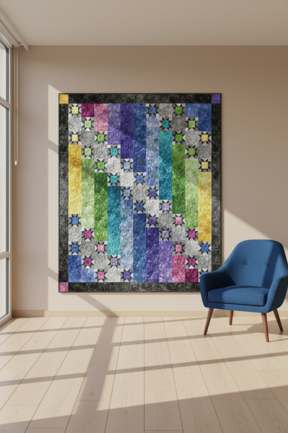 Aurora Nights 2 quilt in jewel-tone batik fabrics — purple, teal, green, and yellow — with a dark charcoal border, made with Expressions Batiks Hand-Dyes Dark Purple by Riley Blake Designs – shop the Aurora Nights 2 pattern and fabric at IraRobi Quilts | #auroranights #batikquilt #quilting #modernquilt