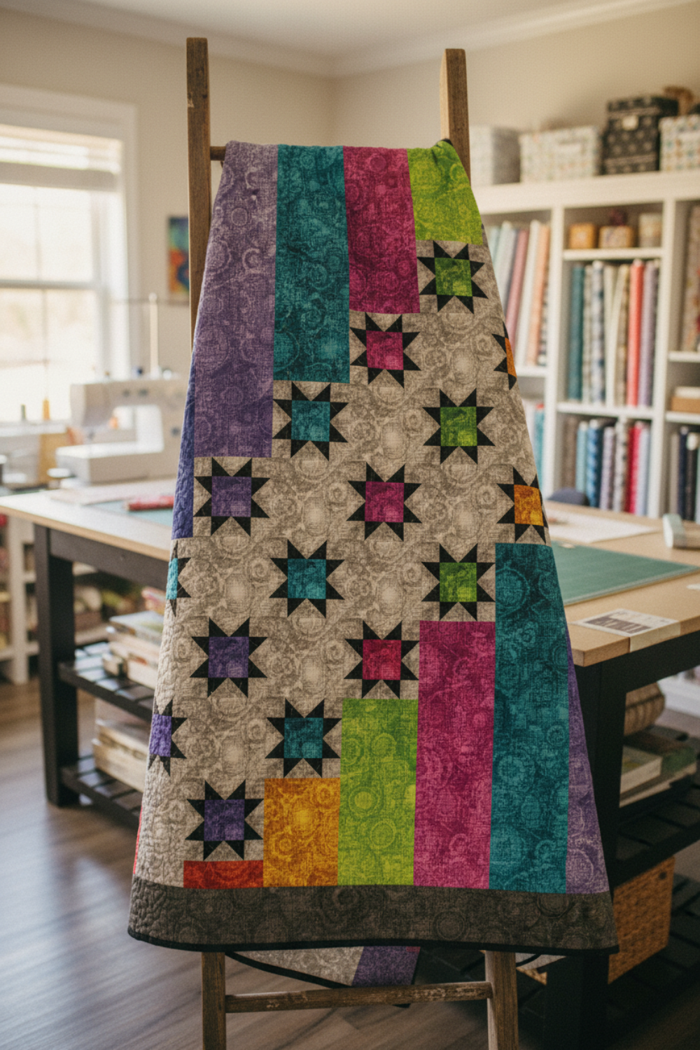 Interwoven Pink fabric by Jason Yenter for In The Beginning Fabrics in a finished Aurora Nights quilt draped on a quilt rack — vibrant magenta-pink crosshatch tonal strip coordinated with Interwoven colorways in teal, plum, tomato, pewter, and slate, with colorful eight-pointed star blocks on a light background. Quilts shown for inspiration feature the Aurora Nights Quilt Pattern (BTBQ142) by Bound to Be Quilting — available at IraRobi Quilts.