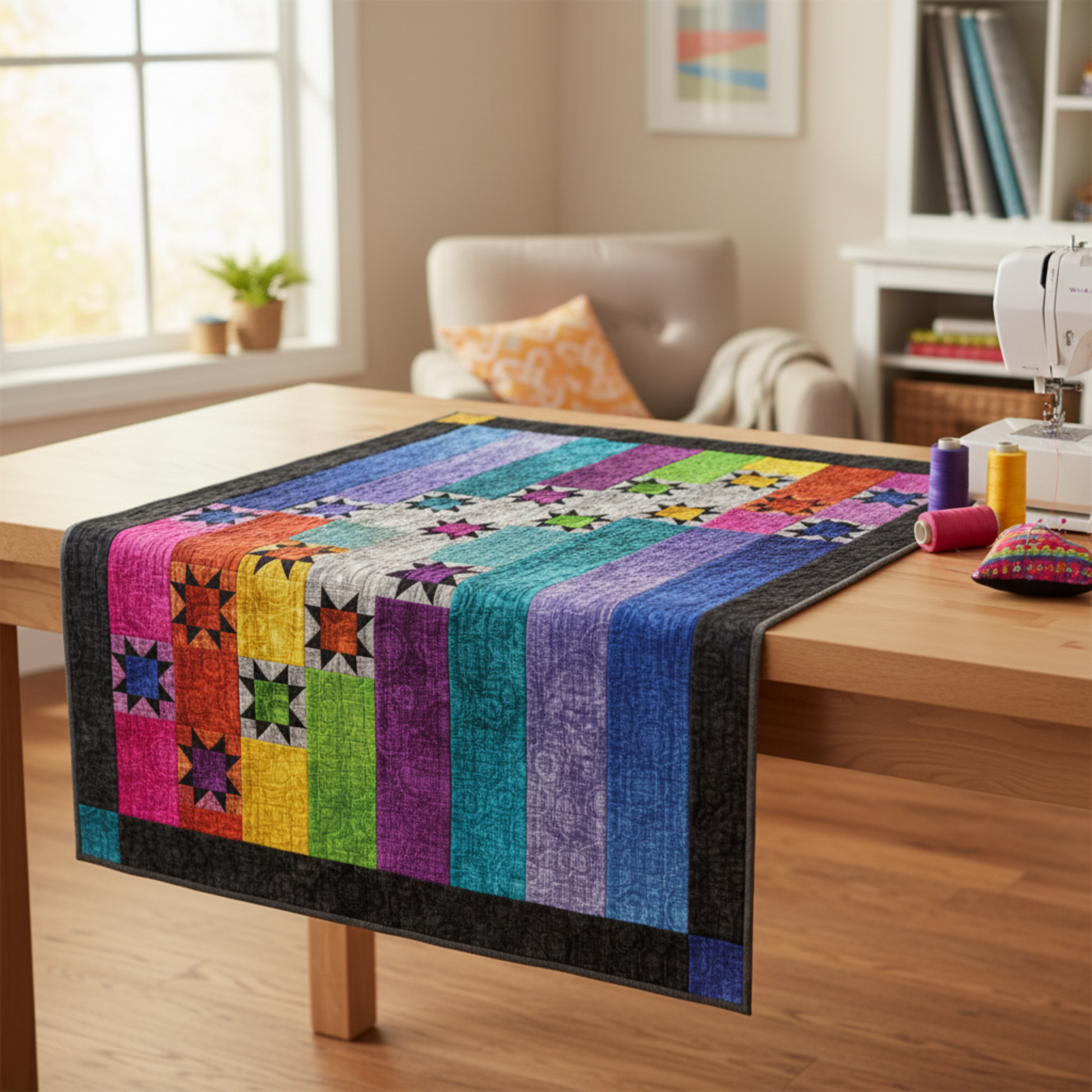Interwoven Pink fabric by Jason Yenter for In The Beginning Fabrics featured in a work-in-progress Aurora Nights quilt top — vivid magenta-pink crosshatch tonal strip alongside coordinating Interwoven colorways in teal, plum, tomato red, pewter, and slate blue, with eight-pointed star blocks on a light background. Quilts shown for inspiration feature the Aurora Nights Quilt Pattern (BTBQ142) by Bound to Be Quilting — available at IraRobi Quilts.