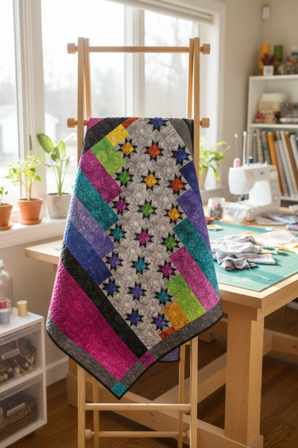 Interwoven Hot Pink Fabric by Jason Yenter for In The Beginning Fabrics as a vivid hot pink strip in an Aurora Nights quilt — rainbow Interwoven crosshatch tonals with star blocks on silver-gray and black background. Quilts shown for inspiration feature the Aurora Nights Quilt Pattern by Bound to Be Quilting — available at IraRobi Quilts.