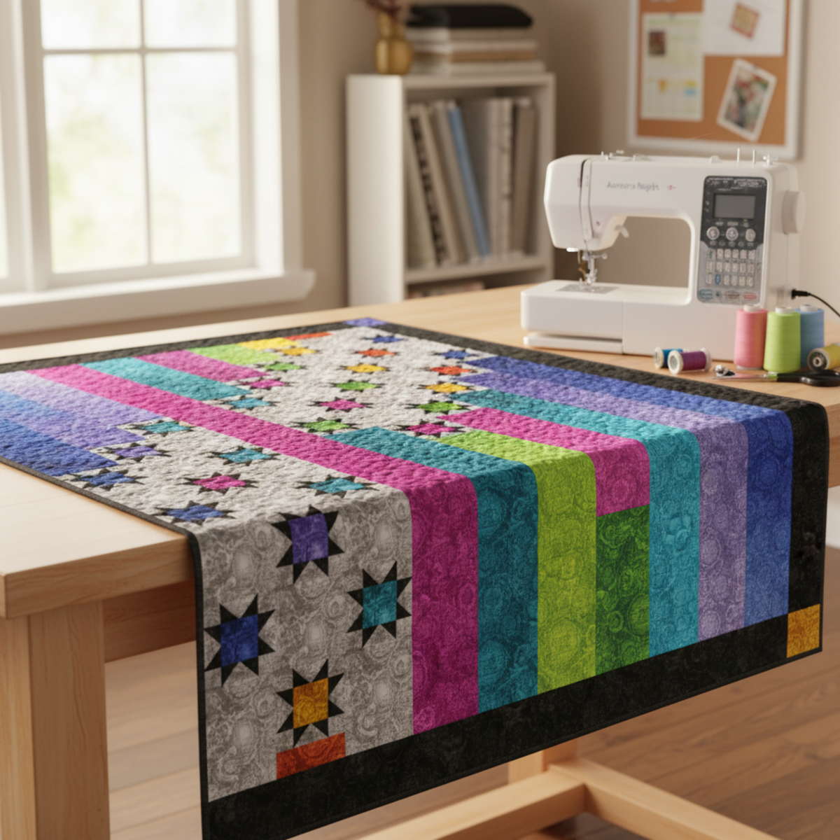 Interwoven Hot Pink Fabric by Jason Yenter for In The Beginning Fabrics featured as a vivid hot pink vertical strip in an Aurora Nights quilt top in progress on a sewing table — alongside teal, deep sky blue, slate, plum, lime, and emerald Interwoven crosshatch tonal strips with star blocks on silver-gray and black. Quilts shown for inspiration feature the Aurora Nights Quilt Pattern by Bound to Be Quilting — available at IraRobi Quilts.