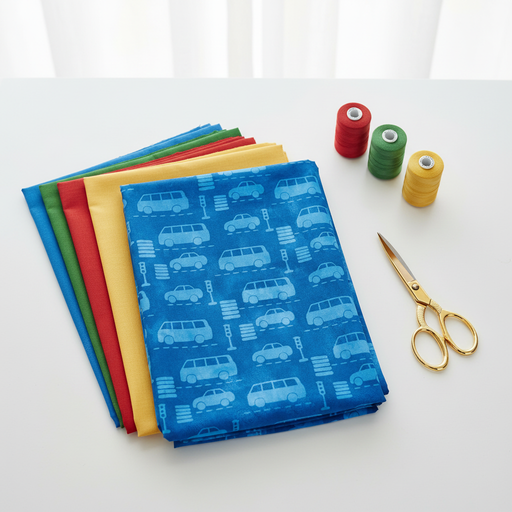 On the Go Automobiles Blue quilting cotton by Jason Yenter for In The Beginning Fabrics — folded as the hero on a neat stack of coordinating solid-color fabrics in red, green, and yellow, with thread spools and gold scissors on a white surface. Coordinating fabrics and quilt patterns available at IraRobi Quilts.